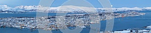Panoramic view on Tromso, Norway, Aerial View Of Tromso At Full Moon In Winter Time, Norway