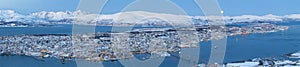 Panoramic view on Tromso, Norway, Aerial View  Of Tromso At Full Moon In Winter Time, Norway