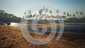 Panoramic view of tropical beach with coconut palm trees. Koh Sa