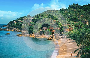 Panoramic view of tropical beach with coconut palm trees. Koh Samui