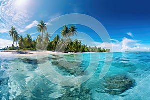 A panoramic view of a tropical beach with turquoise waters and palm trees