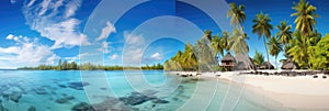 A panoramic view of a tropical beach with turquoise waters and palm trees