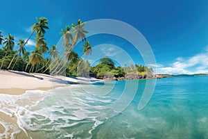 A panoramic view of a tropical beach with turquoise waters and palm trees