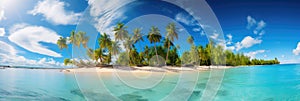 A panoramic view of a tropical beach with turquoise waters and palm trees