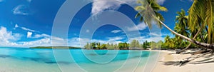 A panoramic view of a tropical beach with turquoise waters and palm trees