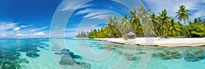 A panoramic view of a tropical beach with turquoise waters and palm trees