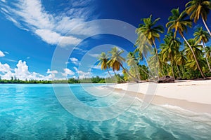 A panoramic view of a tropical beach with turquoise waters and palm trees