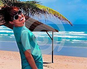 Panoramic view of a tropical brazilian beach landscape with a redhead model smiling - Summer banner add
