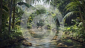 panoramic view of the tropical jungle, tropical forest scenery, tropical green landscape