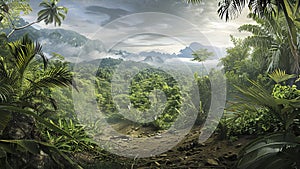 panoramic view of the tropical jungle, tropical forest scenery, tropical green landscape