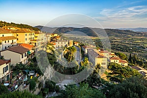 Panoramic view of Tuscany hills and village from Cortona, Arezzo province, Italy