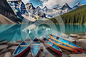 Panoramic view of two boats on the shore of Lake Louise, Banff National Park, Alberta, Canada Generative AI animal ai