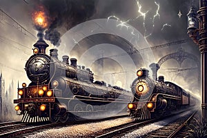 The Panoramic View of Two Steam Locomotives Pulling Trains under a Fantastic Sky. AI generated