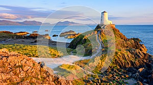 Panoramic view of the Twr Mawr Lighthouse on sunset, Wales, United Kingdom