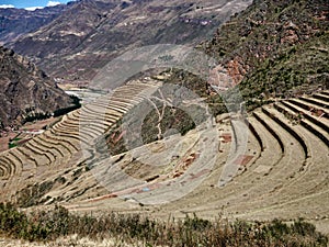 Panoramic view of typical stone terraces in Sacsayhuaman Inca Archaeological Park in Cusco, Peru