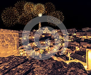 Panoramic view of typical stones Sassi di Matera and church of Matera at night