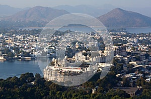 Panoramic view of the Udaipur City and Jai Mahal on lake Pichola in Rajasthan, India