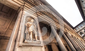 Panoramic View of the Uffizi Gallery with Michelangelo Statue, Florence, Italy