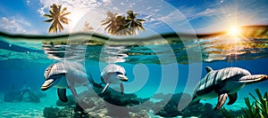 panoramic view of underwater view of a group of gray dolphin sswimming in a caribbean beach at sunset