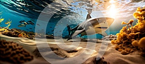 panoramic view of underwater view of shark swimming in a caribbean beach at sunset