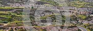 Panoramic view of unique geological formations and valley in Goreme, Cappadocia, Turkey.