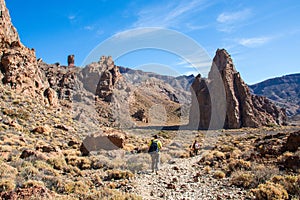 Panoramic view of unique Roque Cinchado unique rock formation with famous Pico del Teide mountain volcano summit in the background