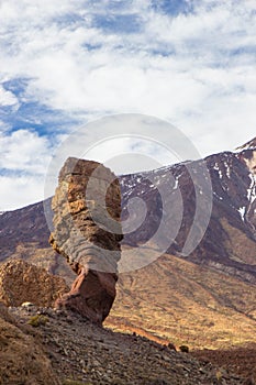 Panoramic view of unique Roque Cinchado unique rock formation with famous Pico del Teide, Tenerife