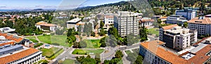 Panoramic view of the University of California, Berkeley campus on a sunny day, view towards Richmond and the San Francisco bay