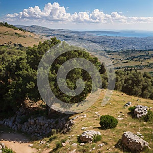 Panoramic view of the Upper Galilee, and southern Lebanon, from Adir mountain, Northern Israel made with photo