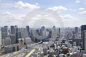 Panoramic view of urban architecture from Umeda Sky Tower of Osaka City in Japan