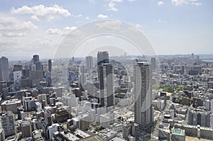 Panoramic view of urban architecture from Umeda Sky Tower of Osaka City in Japan