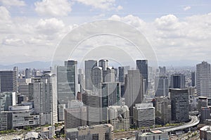 Panoramic view of urban architecture from Umeda Sky Tower of Osaka City in Japan