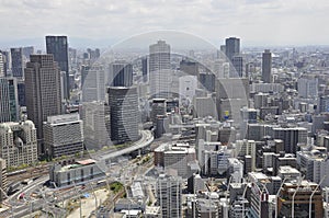 Panoramic view of urban architecture from Umeda Sky Tower of Osaka City in Japan