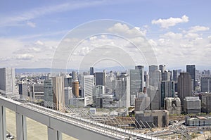 Panoramic view of urban architecture from Umeda Sky Tower of Osaka City in Japan