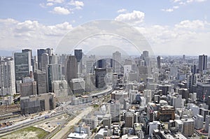 Panoramic view of urban architecture from Umeda Sky Tower of Osaka City in Japan