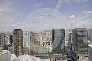 Panoramic view of urban architecture from Umeda Sky Tower of Osaka City in Japan