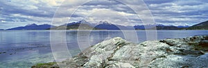 Panoramic view of Ushuaia, Tierra del Fuego National Park and Andes Mountains, Argentina