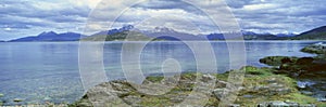 Panoramic view of Ushuaia, Tierra del Fuego National Park and Andes Mountains, Argentina