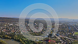 Panoramic view Uzhhorod Ukraine Europe on a small city over the Uzh River at above in the autumn