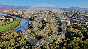 Panoramic view Uzhhorod Ukraine Europe on a small city over the Uzh River at above in the autumn