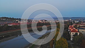 Panoramic view Uzhhorod Ukraine Europe on a small city over the Uzh River at sunrise above in the autumn