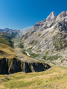 Panoramic view of the Val Ferret, in the Mont Blanc massif, highest mountain range in Alps