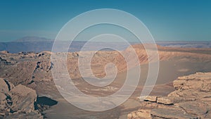 Panoramic view of the Valle de la Luna, Valley of the Moon, in the Atacama Desert, which resembles the surface of the