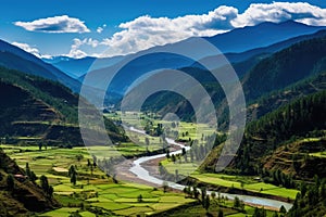 Panoramic view of the valley in Himalayas, Nepal, Panorama view of Paro valley, Bhutan, AI Generated