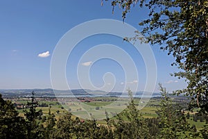 Panoramic view of the valley and lake from Neuschwanstein Castle, located in southwestern Bavaria near Füssen in Germany.