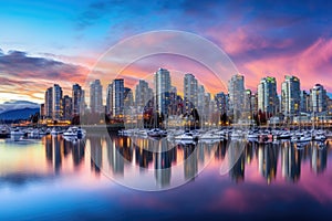 Panoramic view of Vancouver, British Columbia, Canada at sunset, Beautiful view of downtown Vancouver skyline, British Columbia,