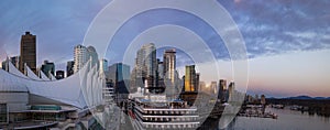 Panoramic view of Vancouver downtown Coal Harbor Marina and cruise ship terminals in Canada Place