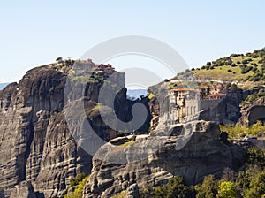 Panoramic View of the Varlaama Monastery and the Great Meteor Monastery in the Meteora Mountains in Greece