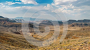 A panoramic view of a vast desert landscape dominated by shades of brown and yellow devoid of the vibrant greens it once