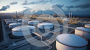 A panoramic view of a vast oil and gas storage facility containing towering tanks and pipelines for storing and